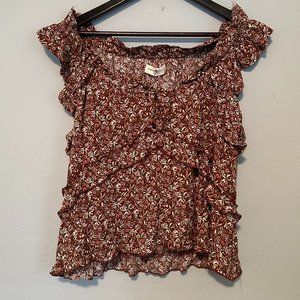 NWOT Natural Life Floral and Leaves Sleeveless Ruffle Shoulder Women's Top